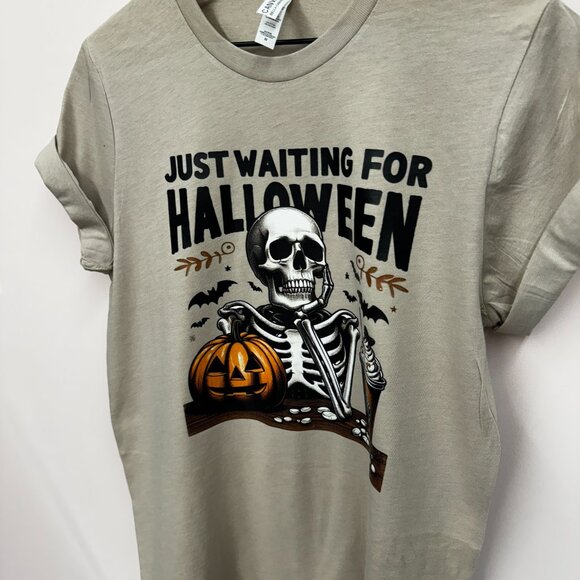 Just Waiting For Halloween Short Sleeve Tee Shirt, Skeleton, Coffee Graphic - Picture 4 of 4